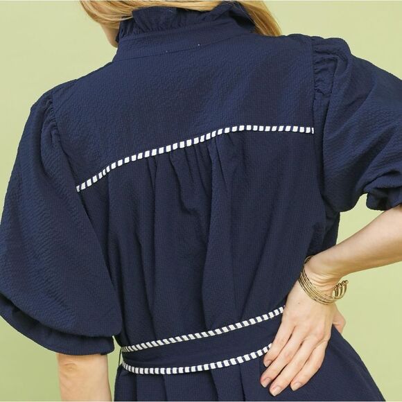 Umgee Women's Quite Luxury Ruffle Collar Belted Midi Dark Blue Dress Stripe Trim - Picture 5 of 5